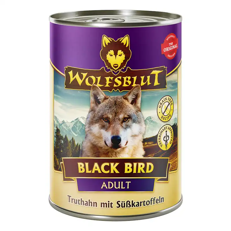 Expressversand WOLFSBLUT Black Bird Truthahn mit Süßkartoffeln 395g Hundenassfutter